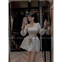 Đầm nữ dự tiệc váy trắng chất gấm hoa đầm cổ vuông tay dài xòe chữ A xếp ly đầm công chúa trắng đỏ giá rẻ đẹp bigsize gi