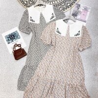 Đầm nữ đuôi cá xòe phối cổ viền ren thêu dáng rộng suông bầu, đầm oversize hoa nhí xinh