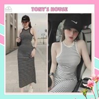 Đầm nữ form dài cổ áo ba lỗ sọc ngang, ôm dáng sexy