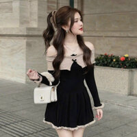 Đầm nữ gân tăm trễ vai dáng ngắn mini tay dài phối bèo dễ thương phù hợp cho nàng diện đi chơi, đi tiệc [ M0 ]