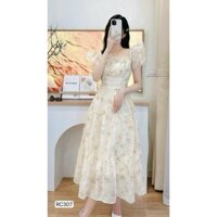 Đầm nữ hoa nhí chất voan xếp ly ngực (có mút) tay cánh tiên dáng váy dài xòe nhẹ 2 lớp cực xinh