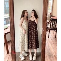 Đầm Nữ Hoa Nhí Cổ V 2 Dây , Chất Voan Dáng Dài 2 Màu