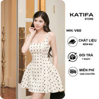 Đầm Nữ KATIFA 2 Dây Chấm Bi Đan Dây Lưng Kèm Quần V60 Váy Tiểu Thư Thanh Lịch