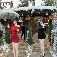 Đầm nữ lệch vai đính hoa nhún thân ôm body ,đầm mặc đi chơi đi tiệc, đầm Noel - thun ladong H750 Sumi House