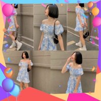 Đầm Nữ Loang Xanh Trễ Vai Dây Đan 🦋 Váy Body Nữ Dáng Ngắn Chất Thun Cộc Tay Cổ Vuông [Có sẵn]