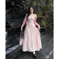Đầm nữ mặc đi chơi chất linine sọc cổ yếm hở vai váy maxi xoè kèm áo khoác borip tay dài cao cấp