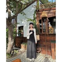 Đầm nữ mặc đi du lịch thời trang chất thun gân hai dây váy maxi dáng suông kèm áo khoác ren tay dài cao cấp