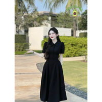Đầm nữ mặc đi tiệc chất tuyết mưa thời trang thiết kế cổ sơ mi áo ngắn tay đính nút váy dài xòe sang trọng
