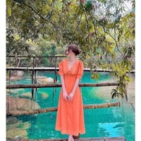 Đầm nữ maxi đi Biển, dự tiệc  cổ sen bèo tay ngắn xinh xắn