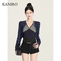 Đầm Nữ Mới Vintage Kẻ Sọc Chấm Bi Cổ Chữ V Dài Tay Áo Cao Cấp Quần Short Phù Hợp Với