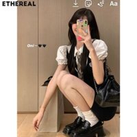 Đầm Nữ Mùa Hè Preppy Phong Cách Phối Màu Sọc Eo Chặt Váy Hông Tay Phồng Giả Hai Mảnh Váy