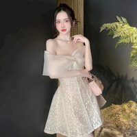 đầm nữ ren phối voan voan chéo trễ vai dáng xòe nhẹ sang trọng cho nàng đi chơi đi tiệc