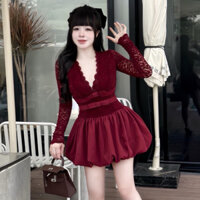 đầm nữ sang chảnh,áo ren tay dài khoét ngực mix chân váy bí phồng hottrend A92