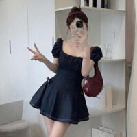 đầm nữ sang chảnh,đầm jean cổ vuông tay hến phối chân váy xoè C464