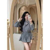 Đầm nữ sơ mi xanh than phối họa tiết sọc kẻ viền tay ren tặng kèm quần bảo hộ(Có ảnh thật)