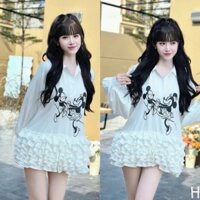 Đầm nữ tăm cổ sơ mi tay dài họa tiết mickey dáng xòe tầng from rộng xinh xắn