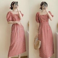 Đầm Nữ Thiết Kế Dáng Dài Cổ Vuông Màu Caro Đỏ Vải Mango May 2 Lớp HNK346