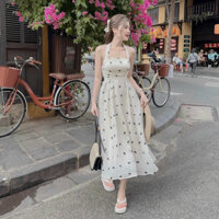 Đầm nữ thiết kế mặc đi chơi chất xốp hoa dây choàng cổ cúp ngực có mút váy maxi xoè phong cách tiểu thư