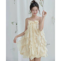 Đầm nữ thiết kể phong cách bánh bèo chất voan hạt cao cấp trễ vai dây cổ đính nơ váy suông phối voan bèo dễ thương