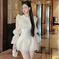 Đầm nữ thiết kế vải tơ 2 lớp mới cổ tàu kiểu bèo đính nơ tay dài dáng ôm body váy tầng xòe mặc dự tiệc cực sang chảnh