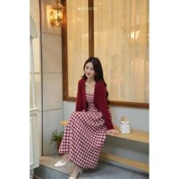 Đầm nữ thời trang mặc đi chơi chất for caro hai dây cúp ngực váy maxi xoè kèm áo khoác thun gân tay dài trẻ trung