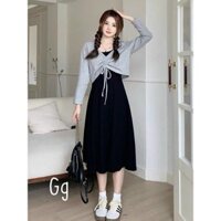 Đầm nữ thời trang mặc đi chơi chất thun gân hai dây váy midi dáng xoè phối áo khoác su tay dài dễ thương