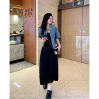 Đầm nữ thời trang mặc đi chơi chất thun gân hai dây váy maxi dáng suông kèm áo khoác sơmi jeans cao cấp