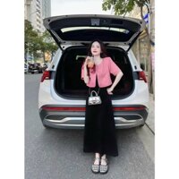 Đầm nữ thời trang mặc đi dạo phố mát mẻ chất thun gân hai dây váy maxi dáng suông kèm áo khoác lennin hồng xinh xắn