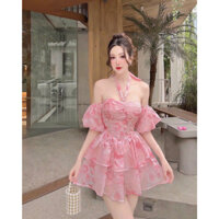 Đầm nữ thời trang mặc đi tiệc chất voan hoa cao cấp trễ vai thắt dây cổ có mút ngực ôm eo váy xoè phối tầng có lót