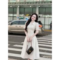 Đầm nữ thời trang thiết kế chất tuyết mưa cổ sơ mi áo tay ngắn đính nút váy dài xòe có túi sang trọng
