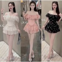 Đầm nữ thời trang thiết kế chất tằm gãy dịu dàng xinh xắn đầm ngắn xòe áo tầng trễ vai in hoa chấm bi