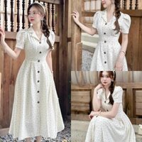 Đầm nữ thời trang thiết kế chất xốp hoa dịu dàng nữ tính , đầm dài xòe cổ áo sơ mi đính nút in hoa chấm bi