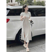 Đầm nữ thời trang thun gân cột dây nơ eo tôn dáng xẻ tà nữ tính, chất thun co giãn thoải mái ht180 pinky