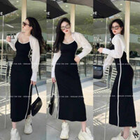 Đầm Nữ Thun gân dáng suông body, kèm áo con tay dài sang trọng quyến rũ