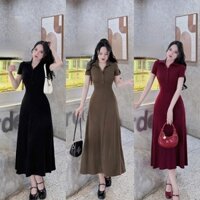 Đầm Nữ Thun Gân Thiết Kế Cổ Sơ Mi Nút Cài Tay Ngắn Dáng Dài Xoè Basic