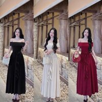 Đầm nữ trễ vai dáng tùng xòe đính hoa tua rua siêu yêu - Đầm đi tiệc đi chơi, Thun gân tăm ACBB721 Sumi House