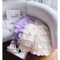 Đầm nữ trễ vai dập ly bèo tầng đầm dạo phố maxi đi biển