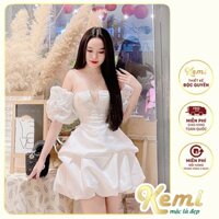 Đầm nữ trễ vai khoét ngực lưới đính đá (2 mẫu) dáng váy trắng bồng bềnh chất Tafta cao cấp Kemi mặc là đẹp