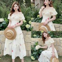 Đầm nữ trễ vai nhún bèo dáng xòe midi họa tiết hoa ( có mút ngực ) dễ thương