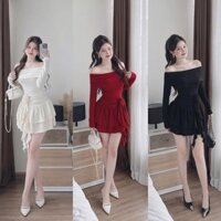 Đầm nữ trễ vai tay dài ôm eo đính hoa vạt bèo dáng xòe tầng ngắn chất tăm sang chảnh, dễ thương