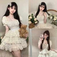 Đầm nữ voan gân phối ren xếp 3 tầng có mút sang tiểu thư dự tiệc