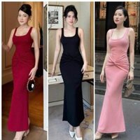 Đầm ôm body 2 dây bảng to cổ u xoắn nơ eo dáng đuôi cá xinh xắn - thun tăm Lạnh TT07 Sumi House