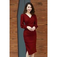 Đầm ôm body cổ tim dài tay xẻ tà lẻ, đầm đi tiệc sang trọng màu đỏ đen xanh - TM25