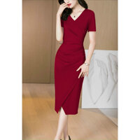 ĐẦM ÔM BODY CỔ V NHÚN EO SANG TRỌNG - K139 - Đỏ - XL
