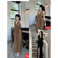 Đầm ôm body cổ v xẻ sâu cột nơ nhún eo xẻ tà - thun nhũ