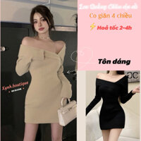 Đầm ôm body đầm  nữ len gân hàng Quảng Châu trễ vai cổ lệch cách điệu xinh xắn co giãn tốt tay dài tôn dáng
