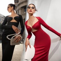 Đầm ôm body đi dự tiệc sang chảnh, thiết kế hở ngực, tay dài