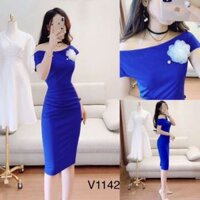 Đầm ôm body lệch vai cài hoa