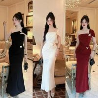 Đầm ôm body lệch vai chéo dáng dài phối khoen hình hồ điệp- thun ladong L745