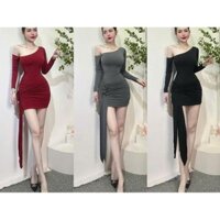 Đầm ôm body lệch vai tay dài phối hoa tua rua - thun GL071 Sumi House